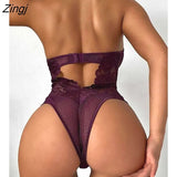 Summer Holiday Backless Halter Fishnet Cutout Crochet Lace Zip Front Teddy Sexy Beachwear Purple Women's Bodysuit
