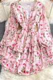 Women Green/Purple/Beige Floral Chiffon Dress Bohemian V-Neck Lantern Long Sleeve High Waist Ruffle Vestidos Female