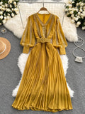 Women Lace Patchwork Pleated Chiffon Long Dress Autumn Winter Red/Black/Blue Draped Party Vestidos With Sashes Female Robe