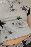 90s Vintage Grunge Patchwork T-shirts Y2K Harajuku Star Crop Top Grey Retro Women O Neck Full Sleeve Fall Spring