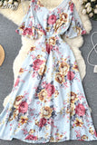 Women Floral Dress Vintage Red/Blue/Pink/White Sexy V-Neck Short Flare Sleeve High Waist Elegant A-Line Vestidos 2023
