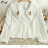 Embroidered Flowers Shirt Women Korean Peter Pan Collar Lolita Blouses Elegant Long Sleeve Single Breasted Blusas