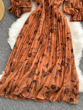 Red/Brown/White Printed Pleated Chiffon Dress Autumn Elegant V-Neck Flare Long Sleeve High Waist Draped Midi Vestido