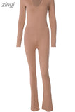 Fashion Skinny Jumpsuit Women Long Sleeve Deep V-Neck Body-Shaping Overalls Streetwear Female Sports Matching