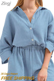 Women's 2 Piece Casual Outfits Loungewear Set Loose Comfy Long Sleeve Button Down Shirt + Elastic Waist Mini Shorts