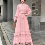 Small Vintage Hollow Lace Splicing Strap Belt Lantern Sleeve Dress Female Court Long