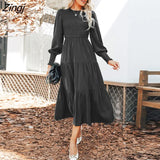 PETAL Green Smocked Long Sleeve Maxi Dress For Women Round Neck Long Sleeve Party Dress 2023 Autumn Winter Female