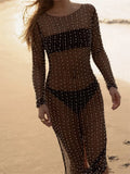Sexy Women Swimsuits Bikinis Cover Ups Long Sleeve Dress Pearls Patchwork See Through Bodycon Long Maxi Dress