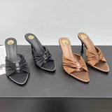 Spring And Summer New High-Heeled Metal Buckle Folded Tip-Toed Cool Slippers Sexy Fine And Lady Cloth