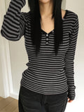 Fashion Stripes Bumpy Round Collar Foundation Long-Sleeved Hottie Slimming Short
