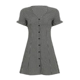 Women's Temperament Lattice V-Neck Thin Buckle Short Sleeve A-Character Dress Short