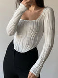 2024 Early Autumn New French Design Feeling Folded U Collar Simple Solid Color Long Sleeve Top Lady