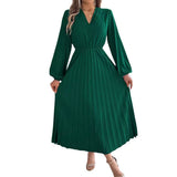 Shooting 2025 Autumn And Winter Elegant Triple V-Neck Long Sleeves To Close The Waist 100-Folded Long Skirt Women's