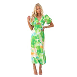 Zingj Years New Bubble Sleeve Long Dress Sexy Print V-Neck Hollow Out Women's Wear