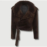 Brown Faux Fur Collar Suede Short Jacket- Outfit