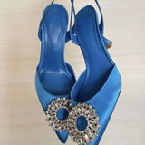 Silk Satin Rhinestone High Heel Shoes Women's Autumn and Winter New Mid Heel Pointed Toe Shallow Mouth Classy