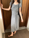Xixi 2025 Spring New Korean Version High Waist Belt Design Sense Short-Sleeved Knitted Long Dress Women