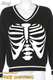 Skulls Blue Knitted Sweaters for Women Fashion Winter Tops Oversized Jumper V Neck Long Sleeve Pullovers Halloween
