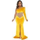 Zingj Royal Velvet Hot Diamond Mesh See-Through Pleated Collar One-Shoulder Slit