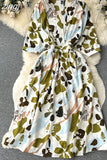 Women Vintage Printed Dress Elegant V-Neck Puff Sleeve High Waist A-Line Midi Robe Female Vacation Beach Vestidos