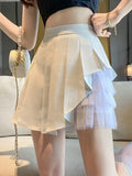 Sexy Mesh Patchwork Pleated Skirt Women Fashion High Waist A Line Mini Skirt Korean Preppy Style Student Dance Skirt