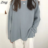 Long Sleeve Solid Tees O-Neck Slit Side Popular 2XL Loose Lazy Daily All-match Kpop Womens Ulzzang Ins Hipster