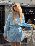 Women's Dress Design Long-Sleeved Striped Shirt Tightly Shorts