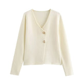 Women's Clothing Pure Color V-Neck Gold Buckle Decorated Long-Sleeved Knitted Shirt