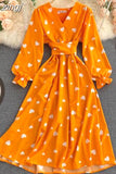 Women Red/Yellow/Green Printed Midi Dress Vintage V-Neck Flare Long Sleeve High Waist A-Line Vacation Bandage Vestido
