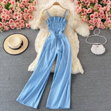 Women Denim Romper Sexy Strapless Draped High Waist Jumpsuits Female Black/Blue Wide Leg Spaghetti Strap Rompers