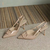 2025 Spring And Summer Light-Mouthed Fashion Shoes Large-Size Pointed Sandals V Buckle Naked Color Fine Heels High Heels