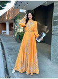 Court Style Trumpet Long Sleeve Clapping Waist Single Buckle A Word Positioning Print Dress Dress Dress