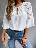 Women's T-Shirt White Seven-Sleeved Lace Splicing Round Tie Solid Color Shirt