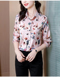 Shirt Women Floral Satin Shirts and Blouses Fashion Clothes for Women Long Sleeve Blouse Button Up Shirt Tops Women