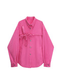 Women's Denim Jackets Fashion Spring Female Harajuku Casual Long Sleeve Pink Bow Polo-Neck Button Pocket Loose Jean Jacket