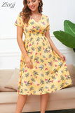 Floral Print Summer Dress Women V Neck Chiffon A Line Casual Beach Dress Vintage Elastic Waist Midi