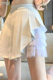 Sexy Mesh Patchwork Pleated Skirt Women Fashion High Waist A Line Mini Skirt Korean Preppy Style Student Dance Skirt