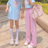 Women Slim Simple Breathable Harajuku Summer Bf Fashion High Waisted Plaid Teen Comfortable Straight Sweet Streetwear