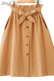Women Casual Cotton Skirts 2023 Spring Summer Korean Style Solid Elegant High Waist Single-Breasted Bow Lace Up A-Line Midi