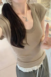Solid Color U-Collar Short-Sleeved T-Shirt Women's New Springy Slim, Simple And Easy To Wear In