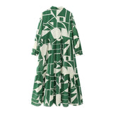 Women's Long-Sleeved Green-Print Shirt Dress