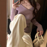 Comfortable Gentle Thin Fashion Temperament Gray Purple V Collar Knitted Knitted Shirt Niche