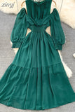 Vintage Women Hollow Out Long Dress Elegant Ruffle O-Neck High Waist A-Line Big Swing Party Vestidos Female New
