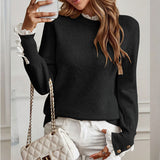 And Winter Women's Sweater Splicing Lace Round Collar Long Sleeve Buckle Knitted Shirt