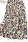 Women 2023 High Waist Floral Print Mid Calf Long Pleated Skirt Girls Summer Vintage Elegant Chiffon Midi