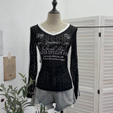 V-Neck Lace Letter-Print Fluoroskin Long-Sleeved T-Shirt Slimming Shirt Thin Top