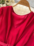Women Draped Long Dress Vintage V-Neck Lantern Sleeve High Waist A-Line Pleated Maxi Vestidos Purple/Red/Blue Robe