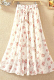 Women Summer Long 2023 Spring Ladies Floral Print High Waist Elegant Sweet Casual Chiffon Skirts Beach Faldas