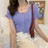 Women Patched Lace O-Neck Knitted Short Sleeve Thin Sweaters Cardigans Lady Single-breasted Buttons Sweater Crop Tops