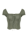 Lace Trim Tie Front Short Sleeve Top-Outfit